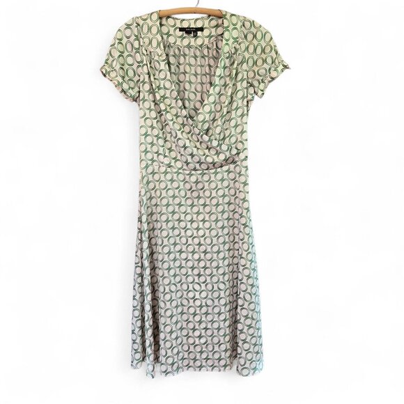 Zara Basic Dresses & Skirts - Zara Medium Basic Ivory & Green Circle Print Midi Dress Cap Sleeves V-Neckline